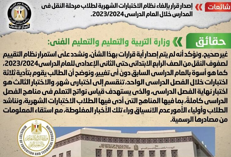 "نفت وزارة التربية والتعليم والتعليم الفني صحة الأنباء المتداولة حول إلغاء نظام الاختبارات الشهرية لطلاب مرحلة النقل في المدارس خلال العام الدراسي 2023/2024.